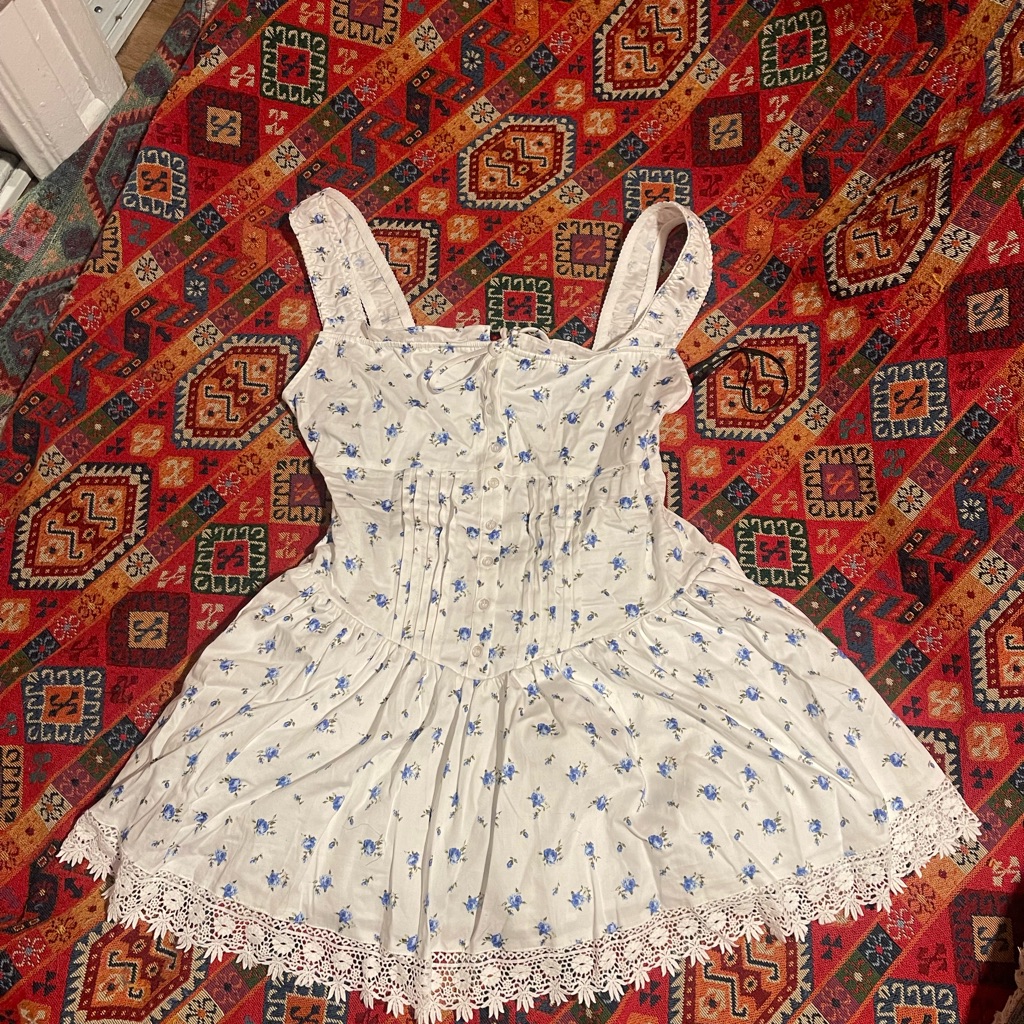 Nwt Floral White And Blue Dress With Lace Trim